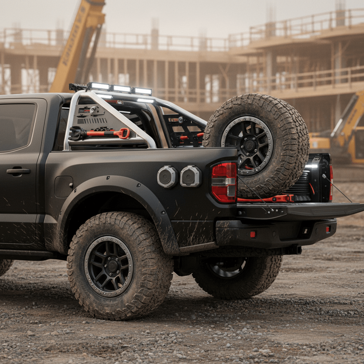 Rugged truck with roll bar and chase rack at an active job site.
