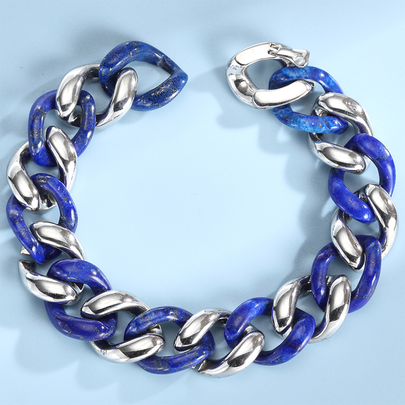 15mm Lazurite Silver Bracelet Natrual Gemstone Lapis lazuli Cuban Link Chain