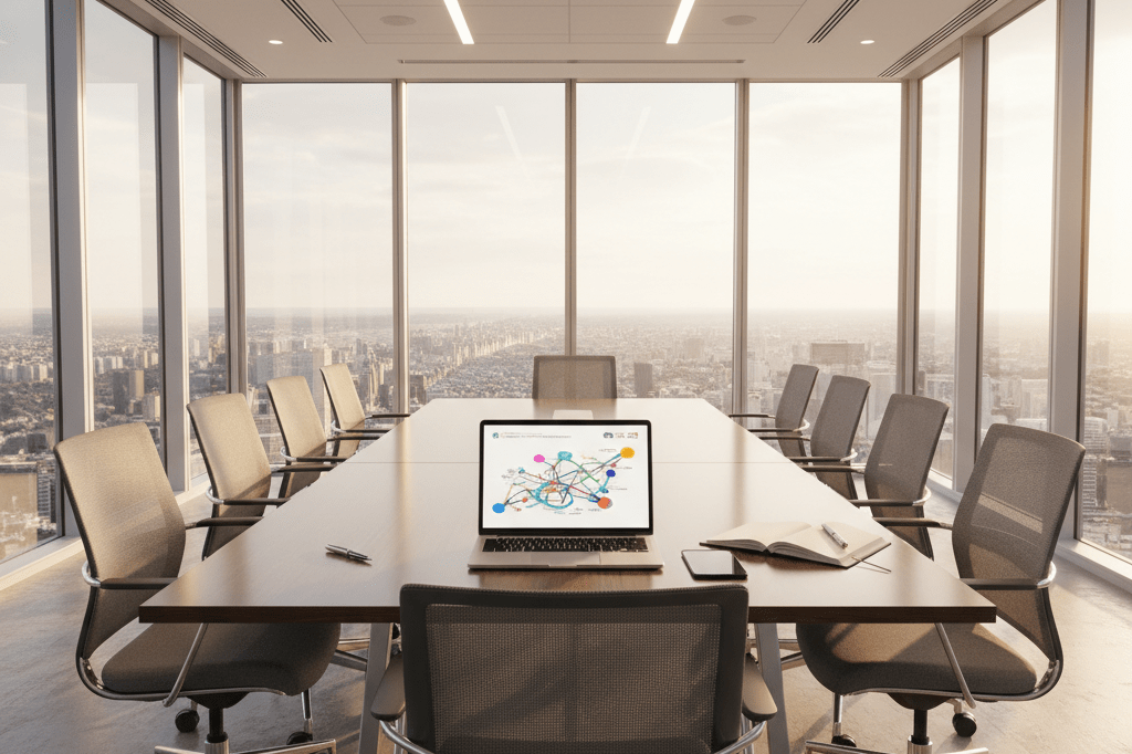 Wide shot of a modern meeting room with abstract data visuals under warm natural light, symbolizing strategic decision-making