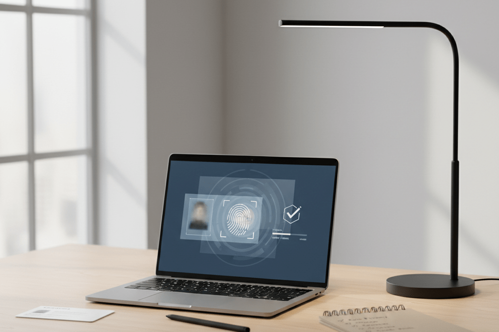 Office desk with laptop showing abstract verification screen and ID card under natural light