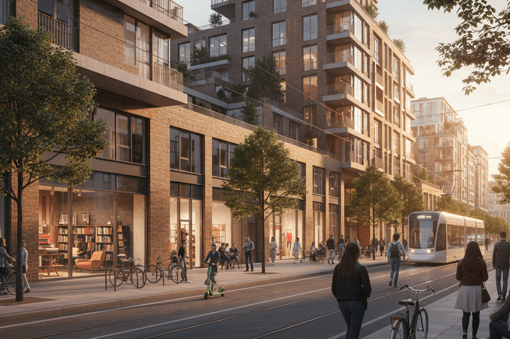 Wide-angle view of a thriving city center with residential buildings and active ground-floor retail spaces under natural evening light
