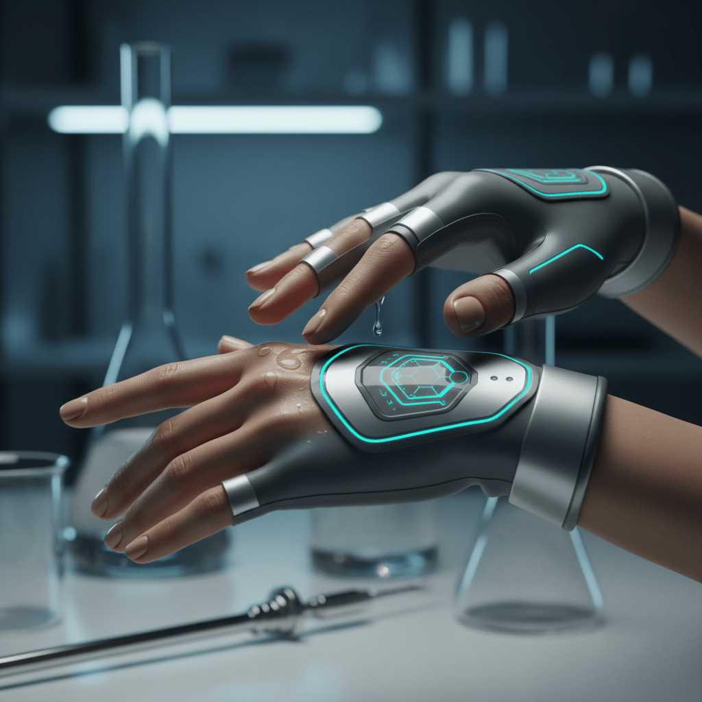 Microcurrent gloves with glowing lines apply vitamin C serum to hydrated skin.