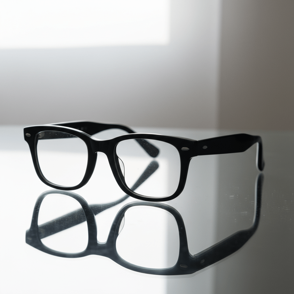 Close-up of chunky black acetate glasses with thick frames on a reflective surface.