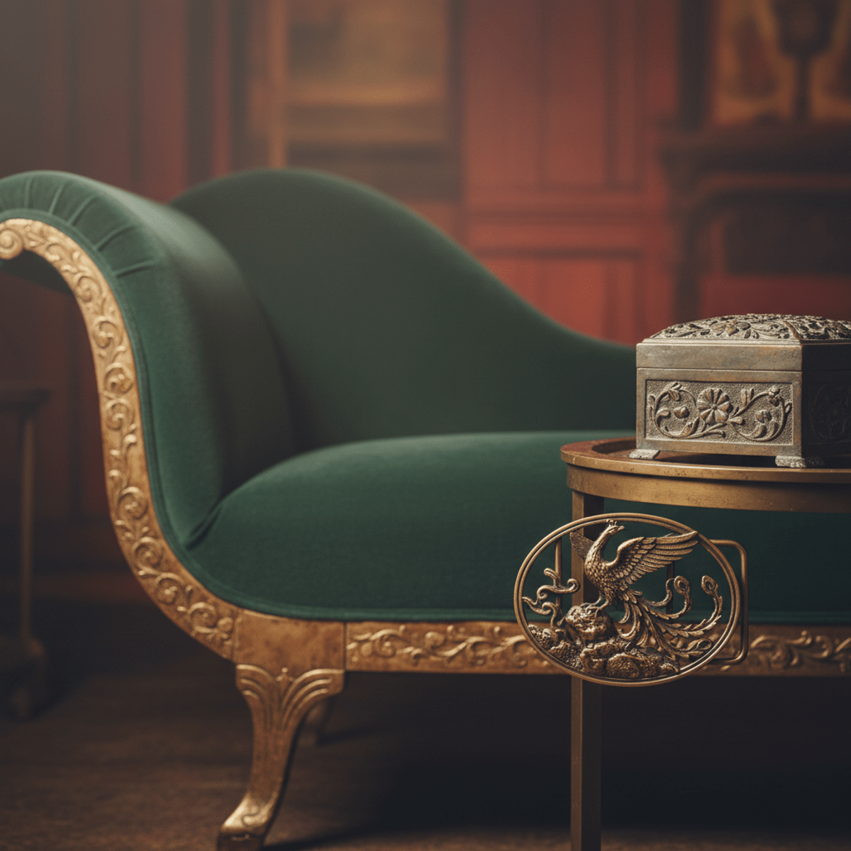 Emerald velvet chaise lounge beside antique table with bronze jewelry box and phoenix buckle.