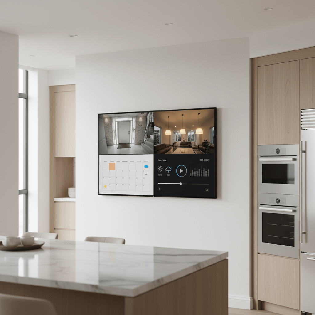 Sleek smart TV in modern kitchen showing security, lighting, calendar, and audio controls.