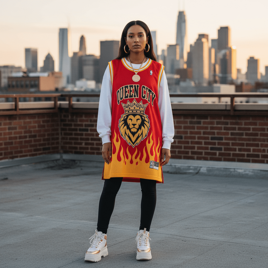 Oversized basketball jersey dress with mesh texture over leggings on an urban rooftop.
