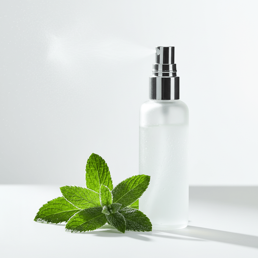 Frosted glass hair growth oil spray emitting a fine mist with menthol leaves.