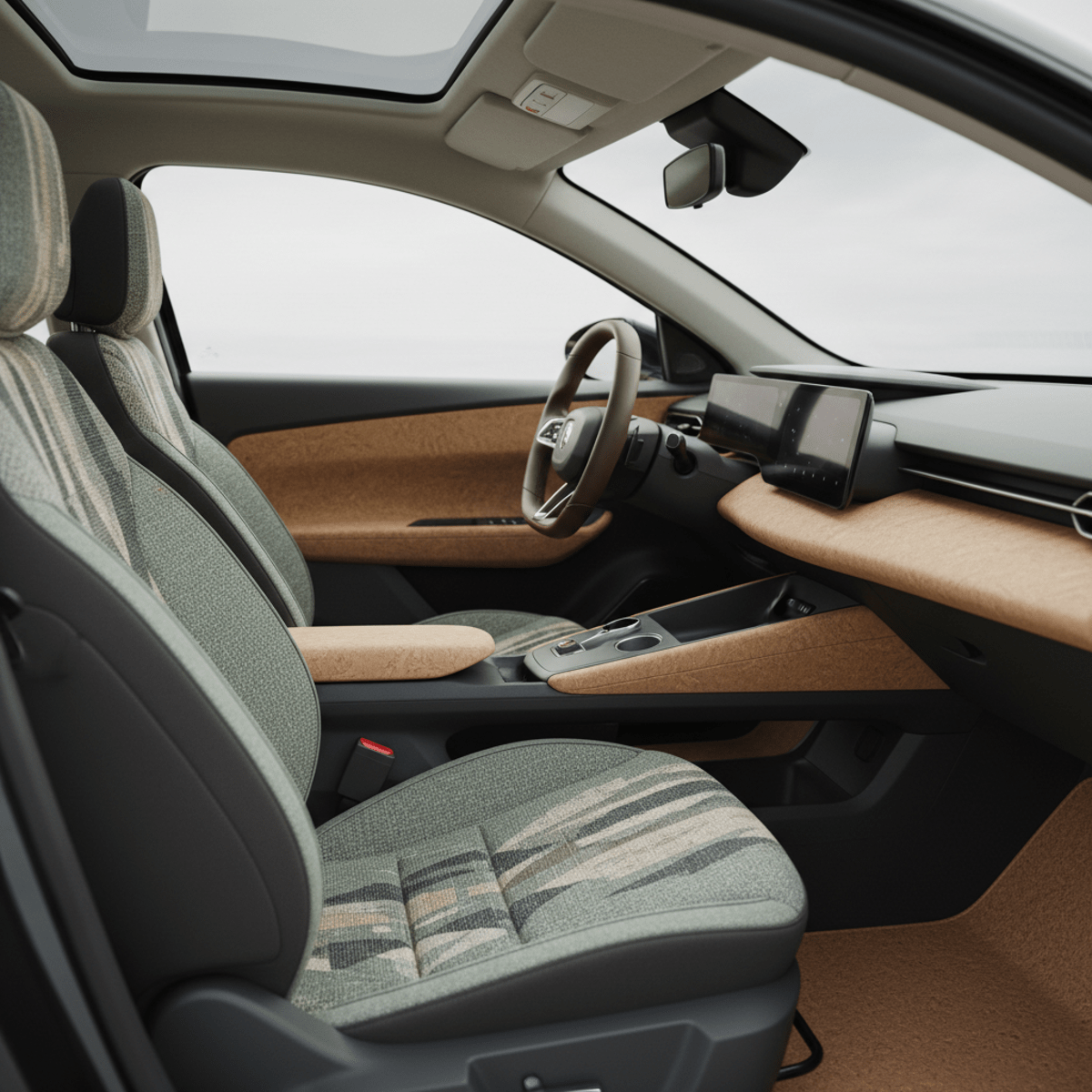 Luxurious sustainable car interior with recycled plastic bottle fabric seats and reclaimed agricultural fiber dashboard.