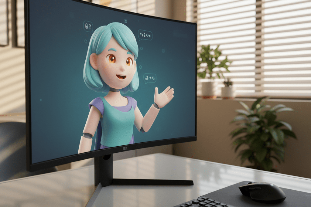 Close-up view of an interactive virtual avatar on a computer screen under natural office lighting, representing character-driven digital marketing