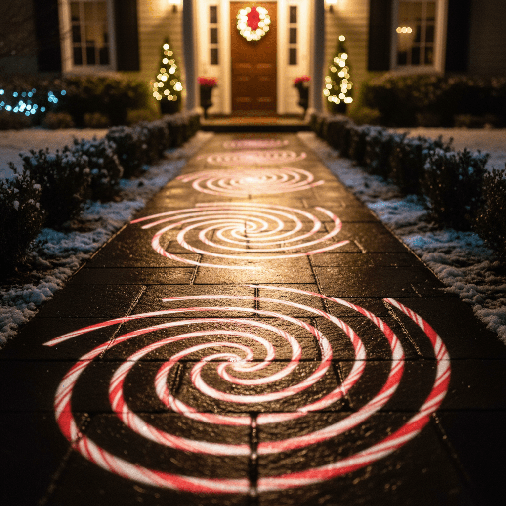 Festive walkway at night with swirling candy cane light patterns on wet stone.