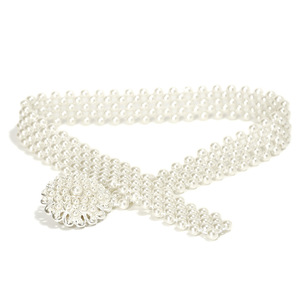 Pearl Waist Belt Stretch Pearl Belt with Rhinestone Buckle Pearl Elastic Waist Belt for Womens