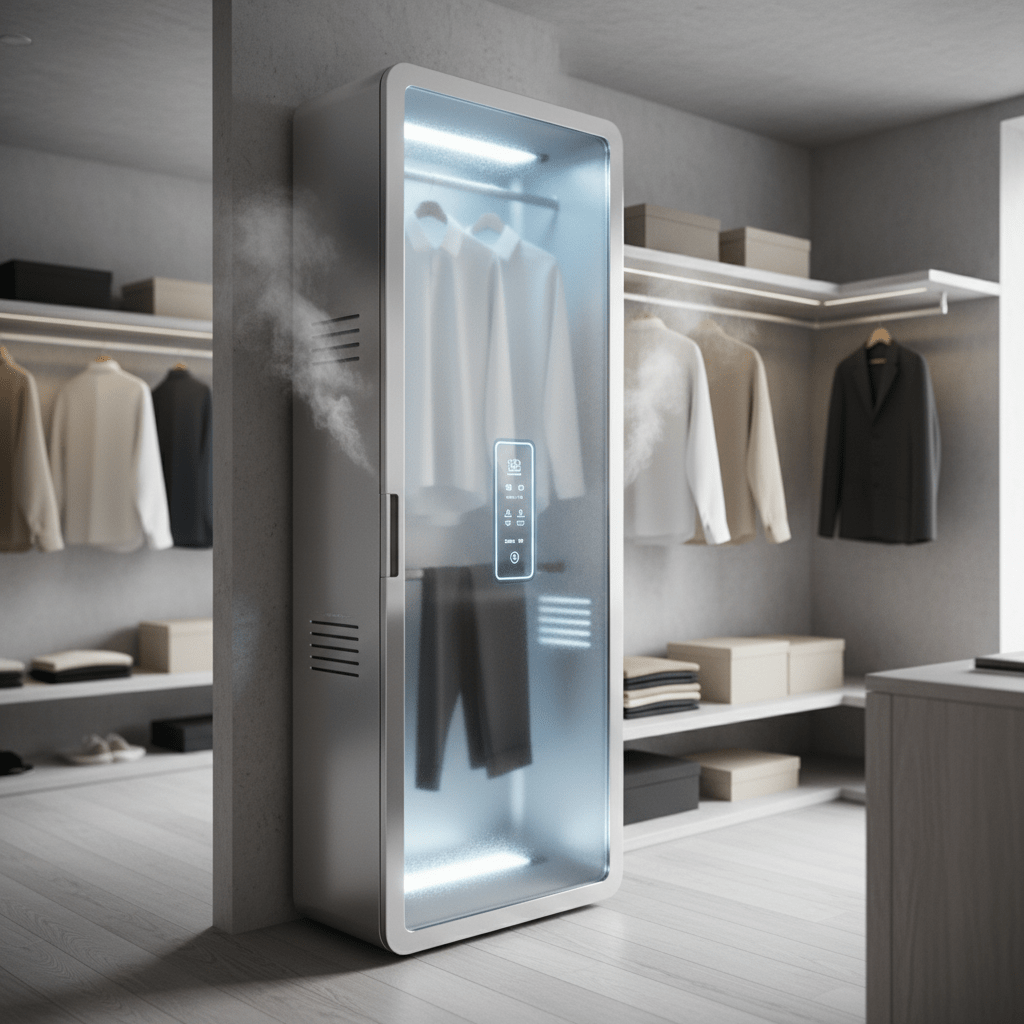 Sleek wardrobe ironing machine with frosted glass door in a modern closet.
