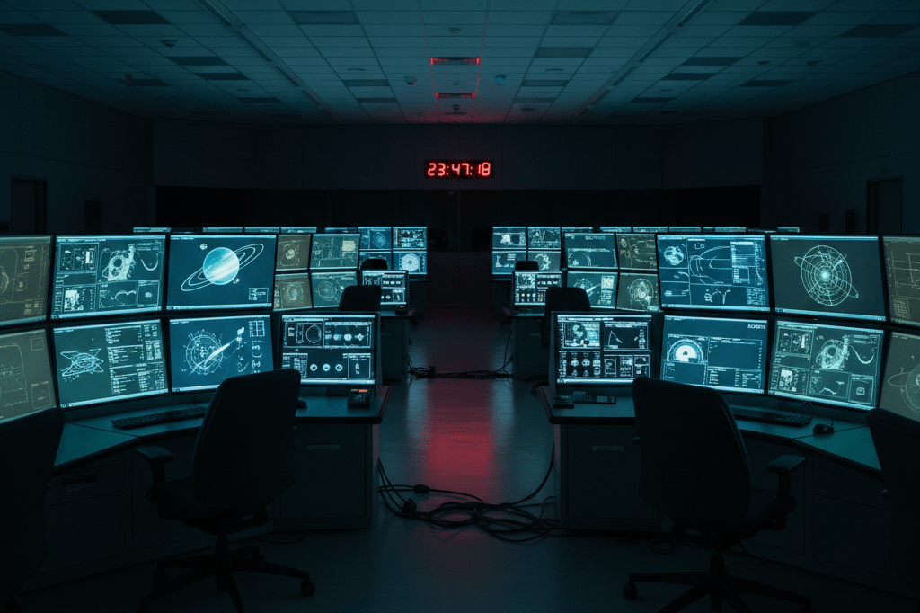 Launch control room with glowing monitors and dim ambient lighting, evoking mission preparation tension