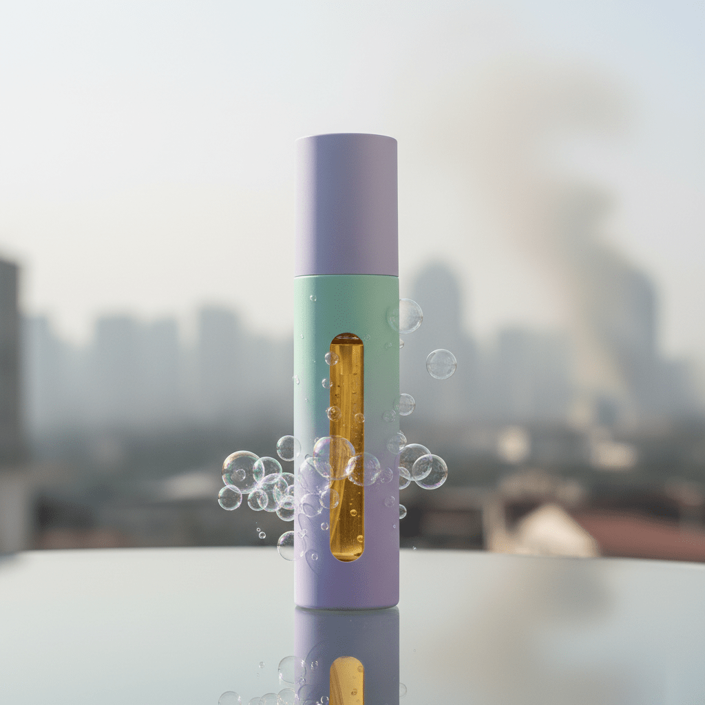 Sleek hair growth oil spray bottle with matte finish on glass, surrounded by bubbles.