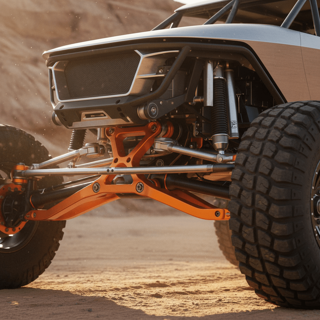 Close-up of futuristic electric rock crawler suspension in a desert canyon.
