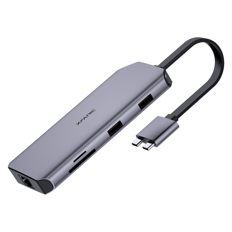 Док-станция с двойным концентратором usb c 8 en 1 type c и кардридером для карт памяти SD и TF rj45 ethernet 4K USB3.0