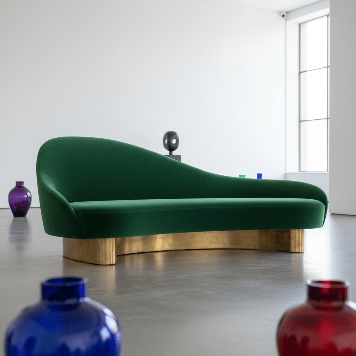 Sculptural emerald green velvet sofa with organic waves and raw brass frame.