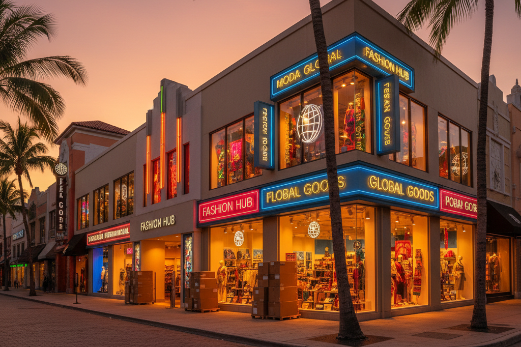Vibrant Miami retail district under warm sunset lighting, showcasing storefronts and inventory readiness for international commerce