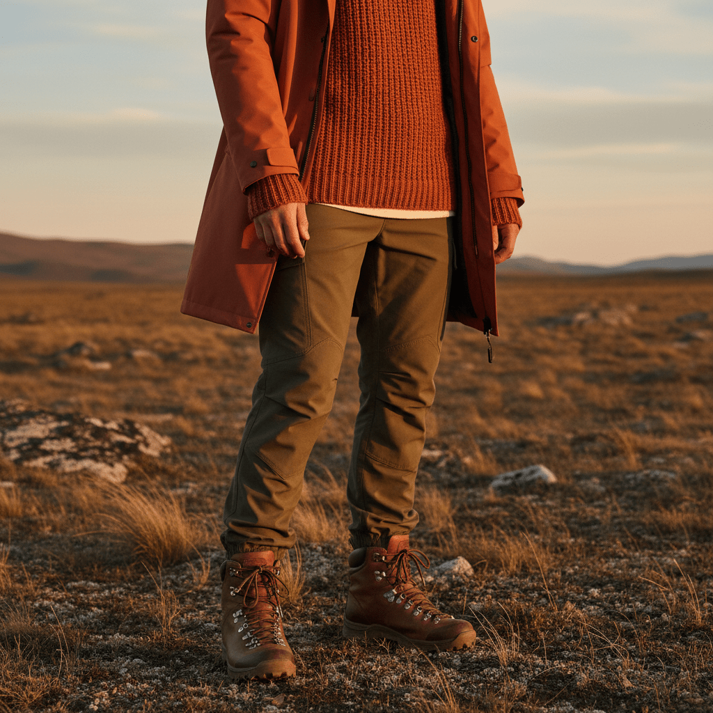Close-up of burnt orange alpaca knit sweater layered with terracotta parka and olive cargo pants.