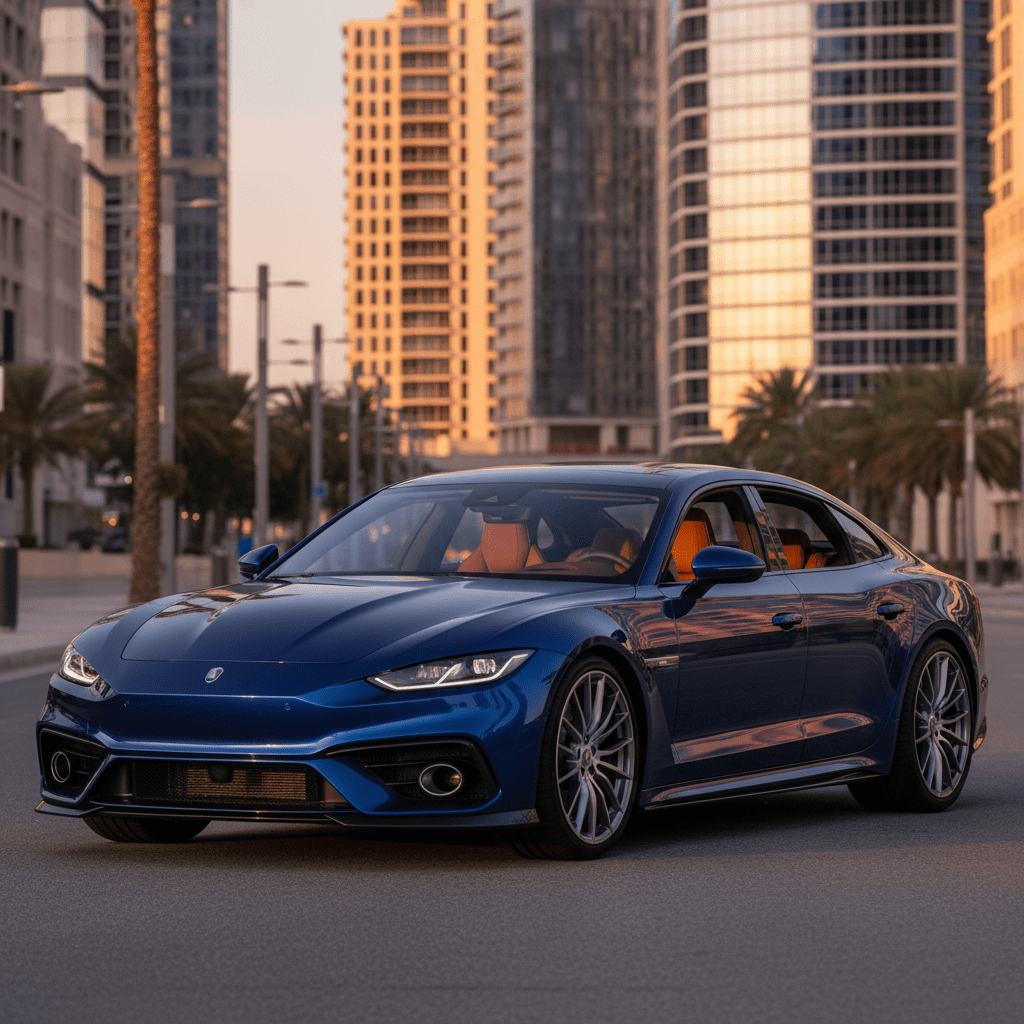 Luxury metallic blue sedan under golden hour sunlight with urban backdrop.