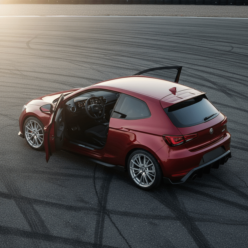 Sleek crimson performance hatchback with aerodynamic kit on a racetrack.