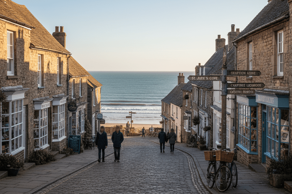 Vibrant seaside village with boutique shops and tourists under golden hour lighting, reflecting regional economic growth tied to filming