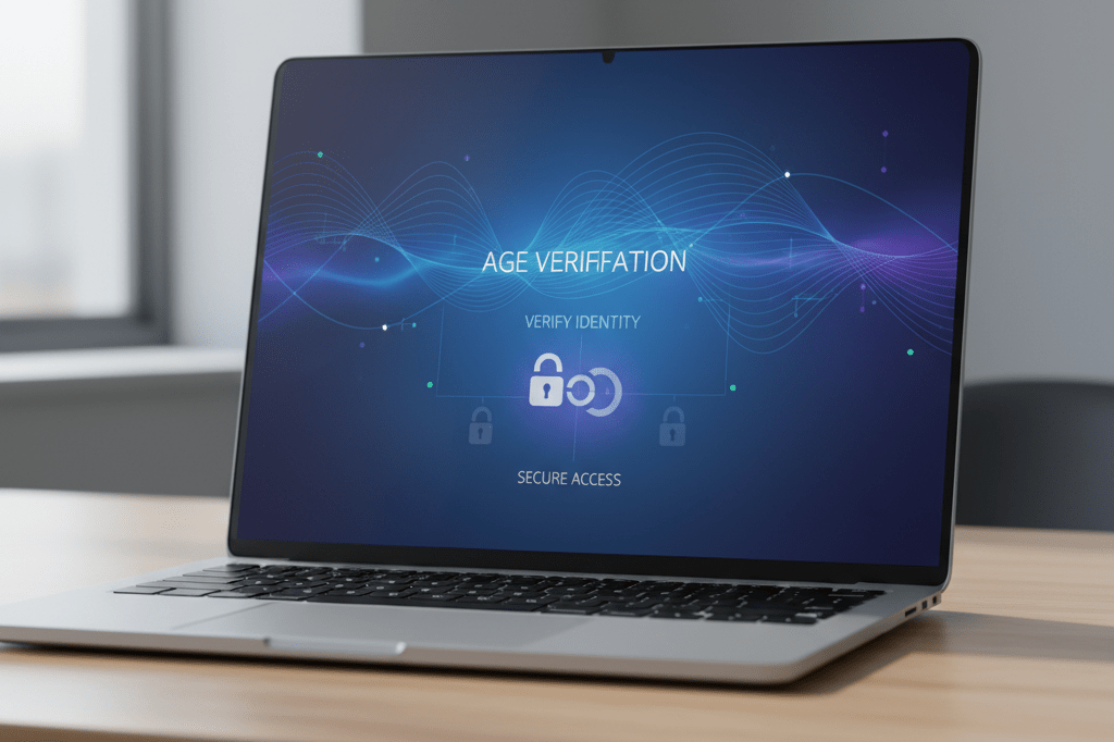 Laptop screen showing abstract age verification interface under natural light symbolizing new compliance standards