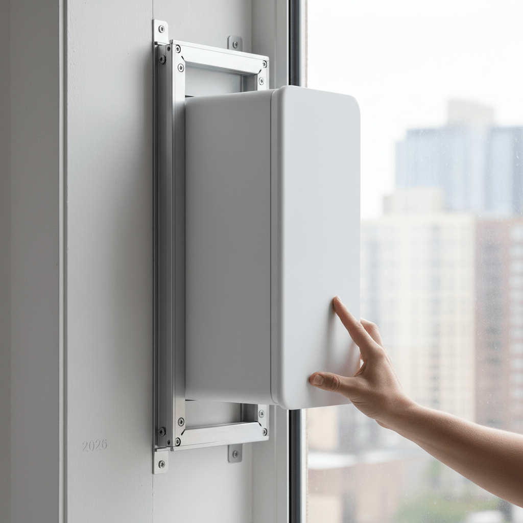 Sleek modular window AC with aluminum frame being installed in a tall window.