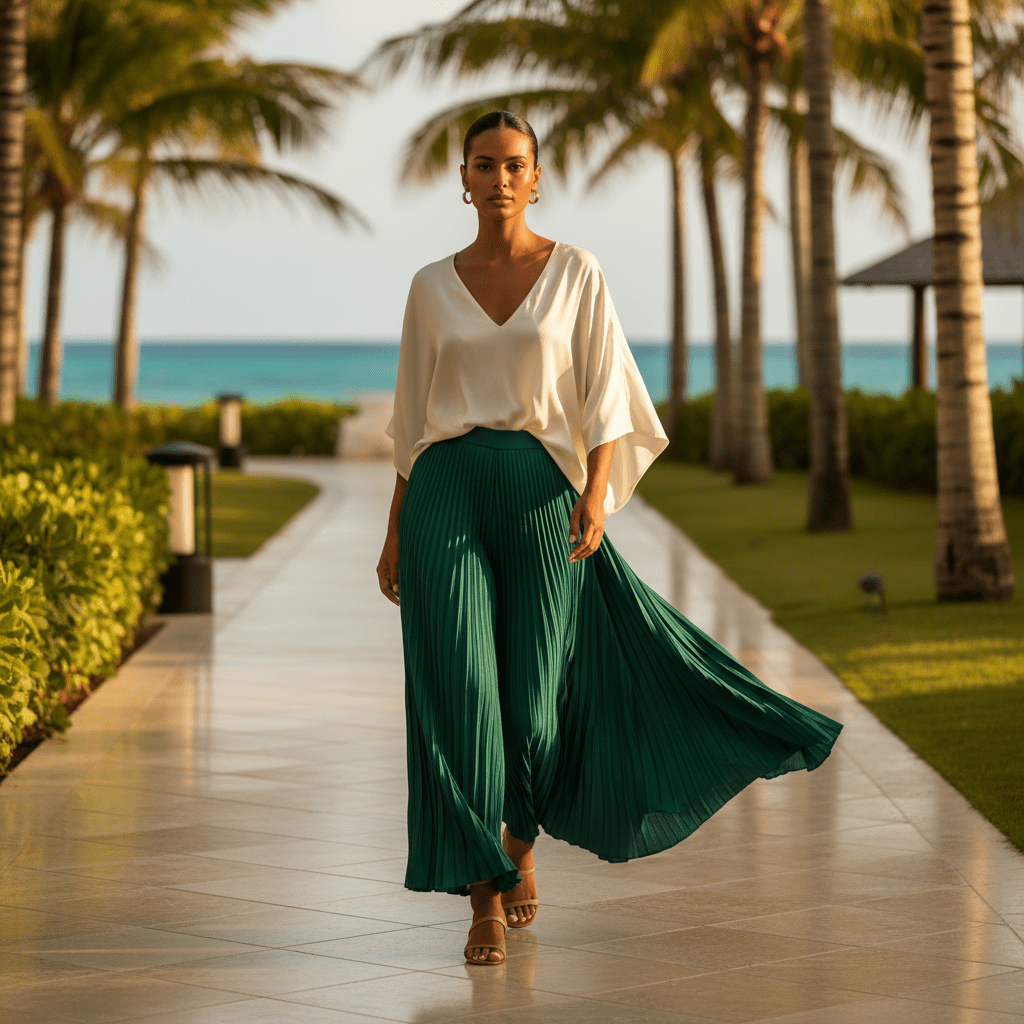 Model in flowing emerald green pleated pants and silk blouse on a resort path.