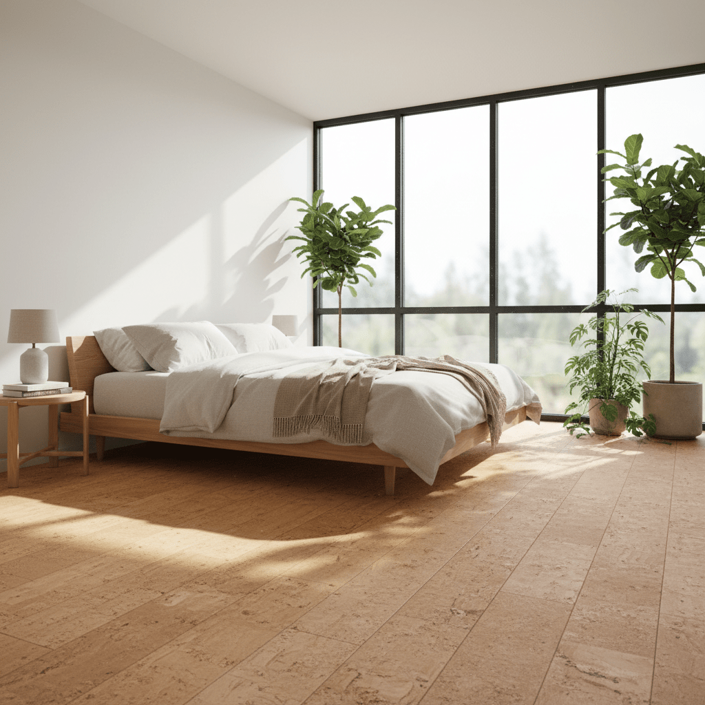 Modern bedroom with sustainable cork flooring and natural light streaming in.