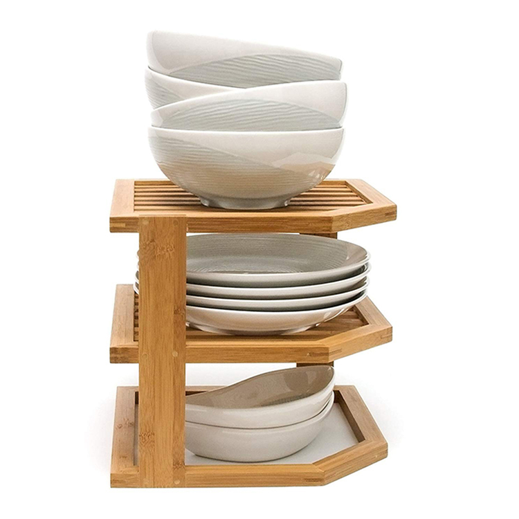 Оптовая продажа 3 яруса из бамбука и дерева тарелки для хранения Организатор угловая полка для кухни