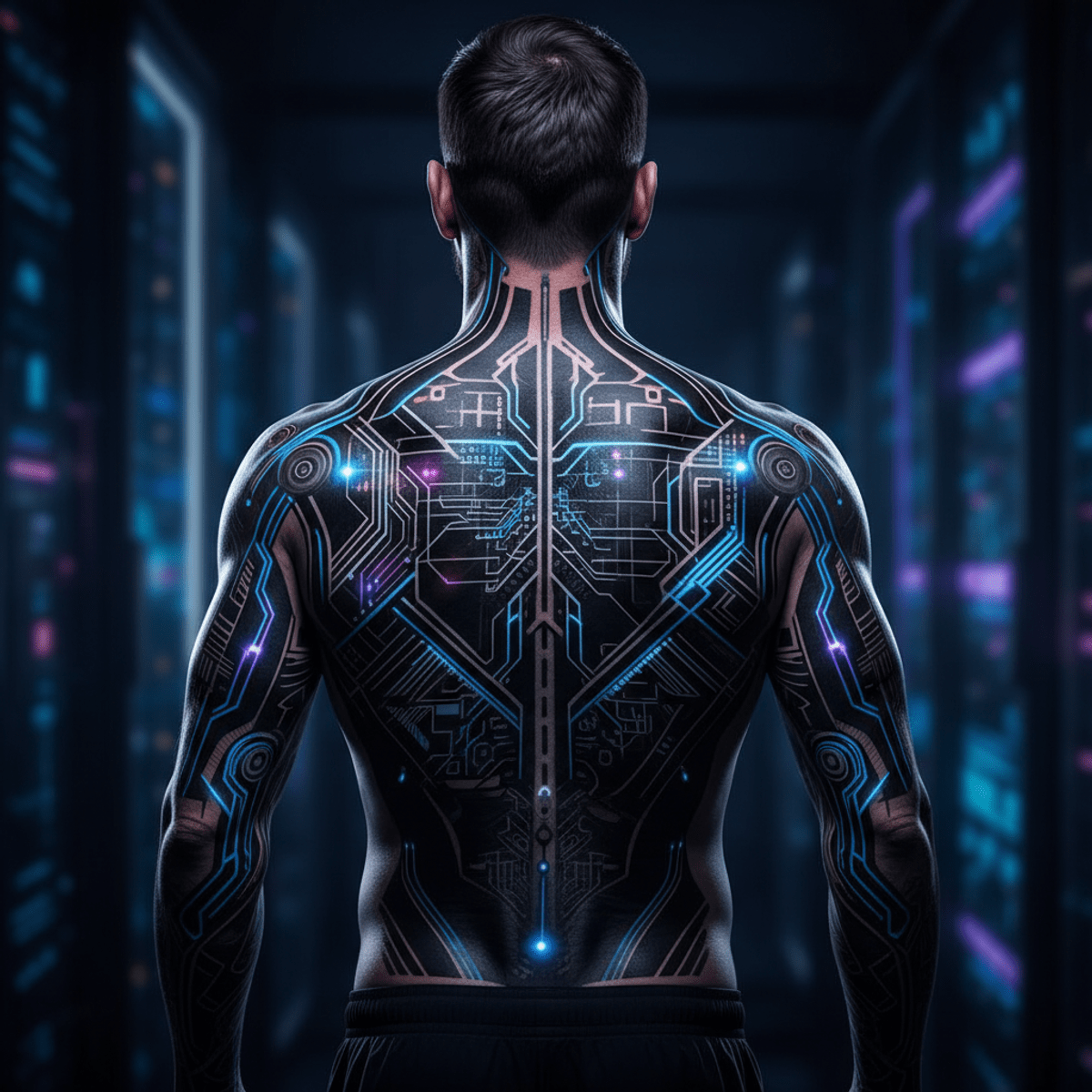Man and machine merged in a sharp, angular back tattoo Man and machine merged in a sharp, angular black ink back tattoo with digital circuitry.
