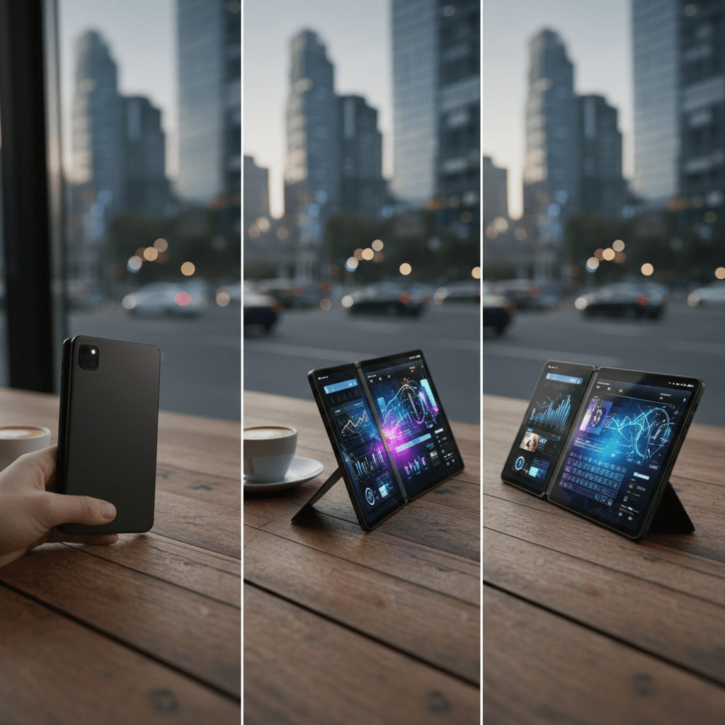 Futuristic folding tablet transforms into a tri-panel workstation on a cafe table.