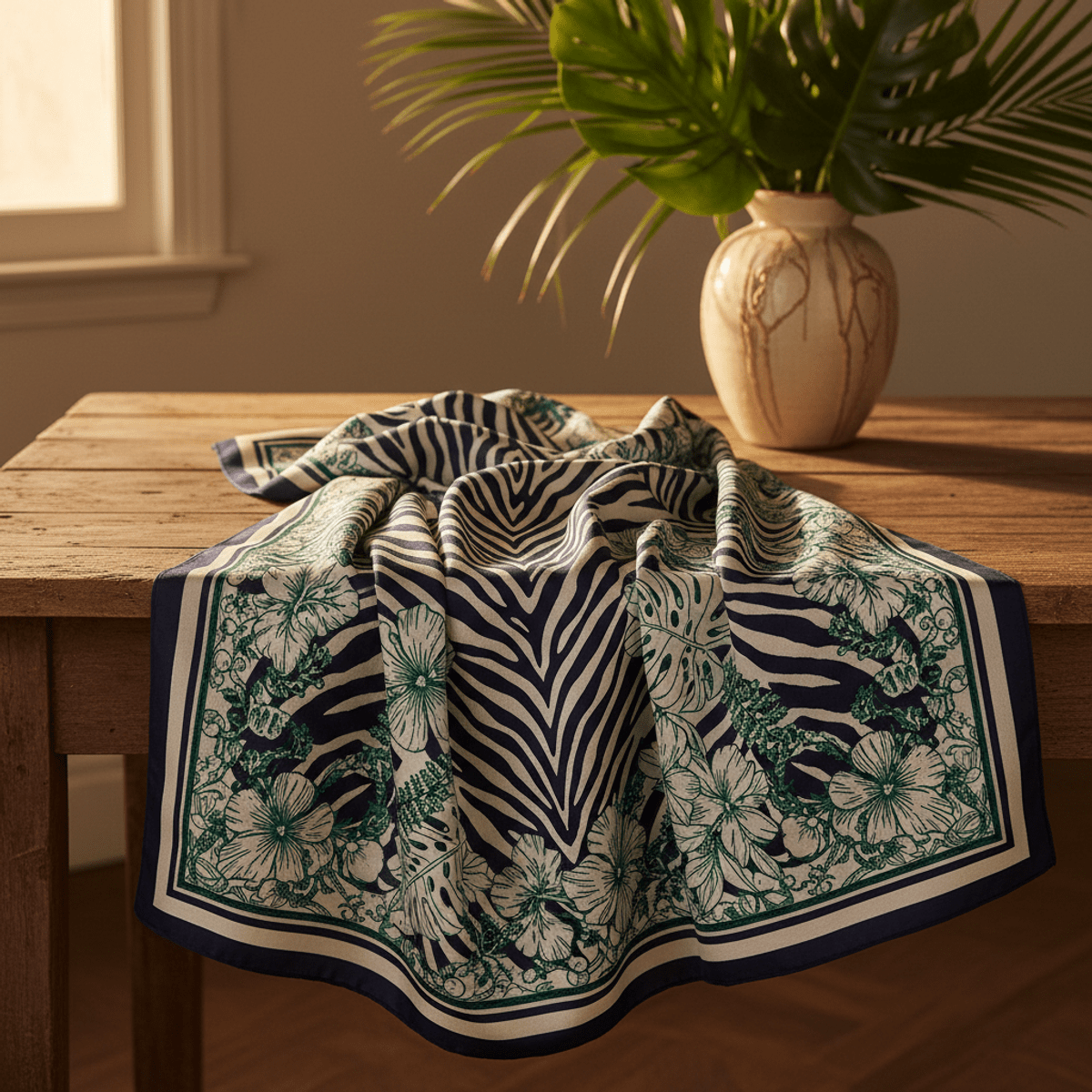 Bohemian scarf with navy and cream zebra stripes and botanical overlays on a wooden table.