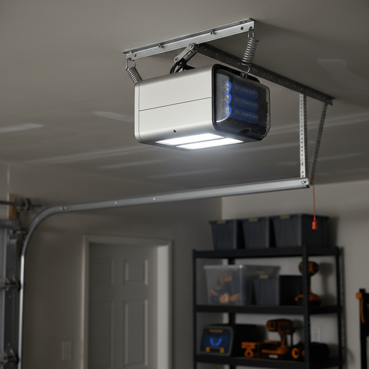 Sleek modern garage door opener illuminates a dark residential garage interior.