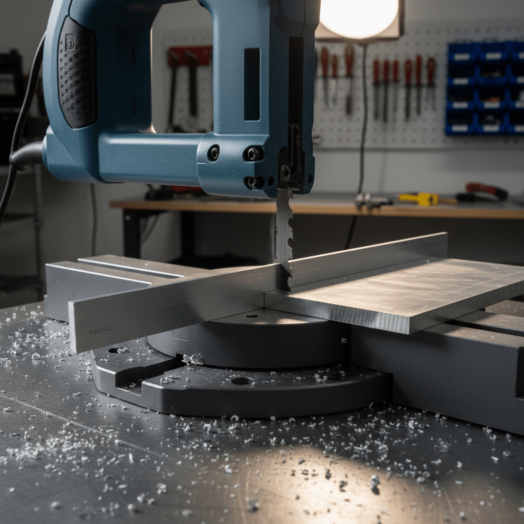Close-up of a bandsaw precisely cutting aluminum plate in a workshop.