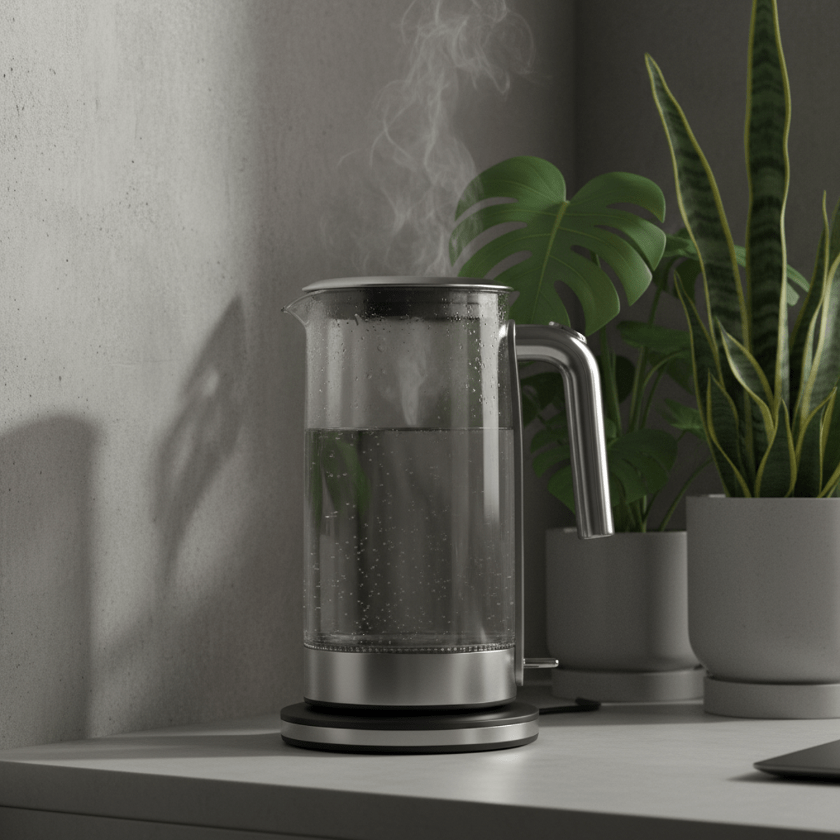 Modern electric glass kettle with steaming water in a stylish, minimalist workspace.