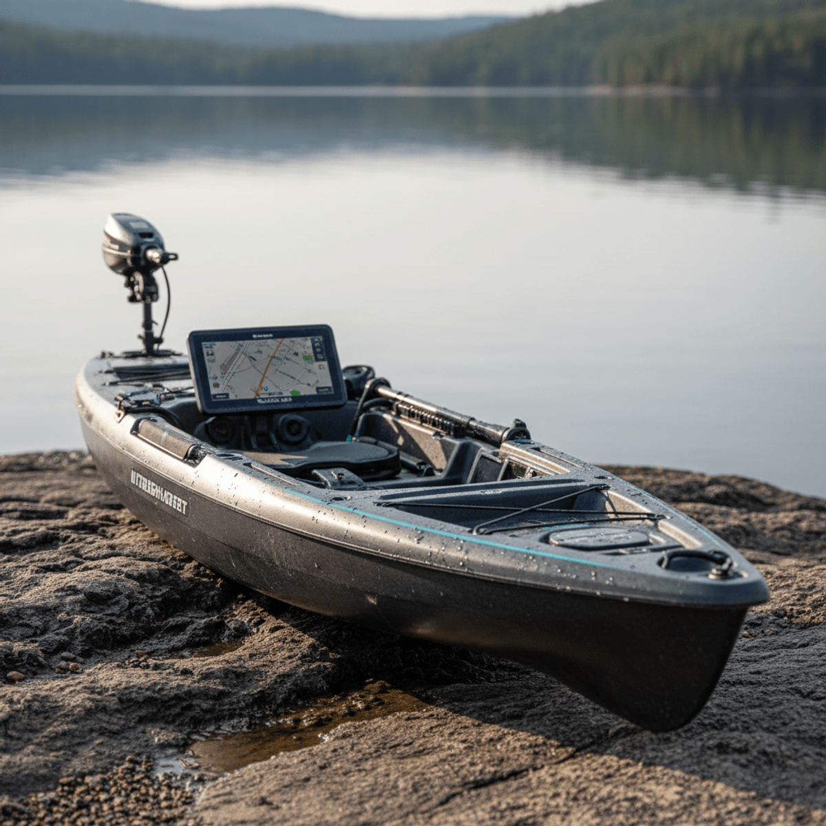 High-tech fishing kayak on rocky shoreline, ready for adventure. High-tech fishing kayak with trolling motor on rocky shoreline, lightweight design.