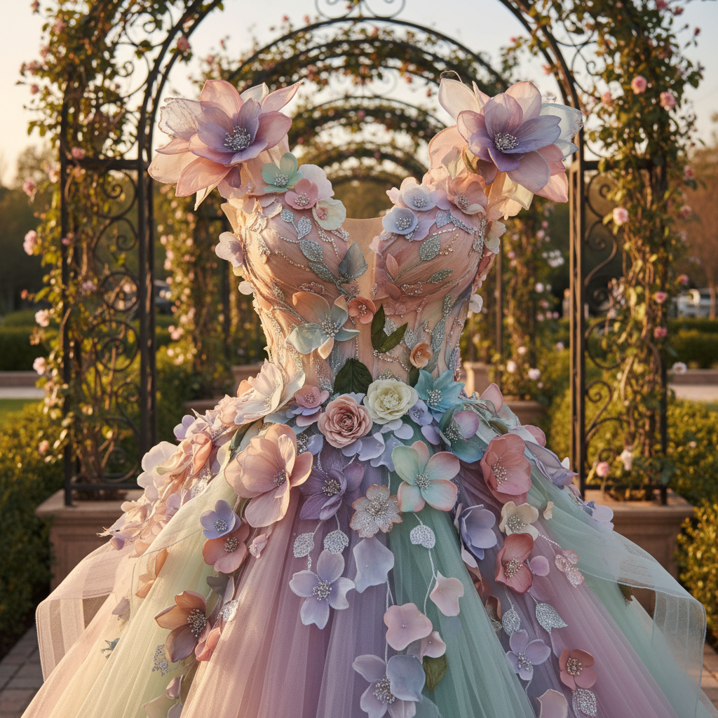 Prom dress sculpted like a living garden with floral appliqués and silk skirts.