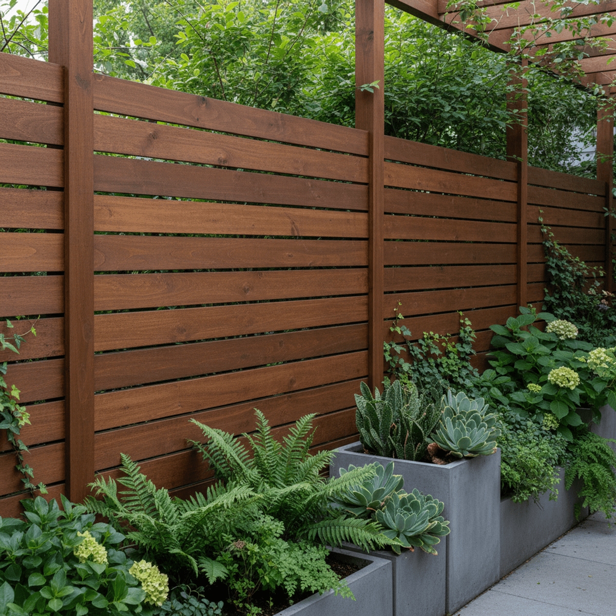 Modern cedar garden fence with horizontal slats and lush plants in an urban setting.