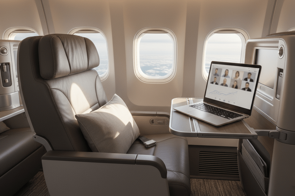 Wide shot of a business class airplane seat with laptop showing video conferencing screen, highlighting travel productivity enabled by high-speed internet