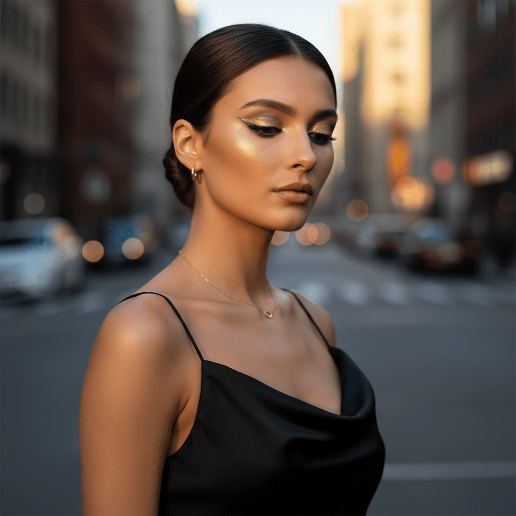 Model with matte sage green winged eyeliner and metallic gold accent.