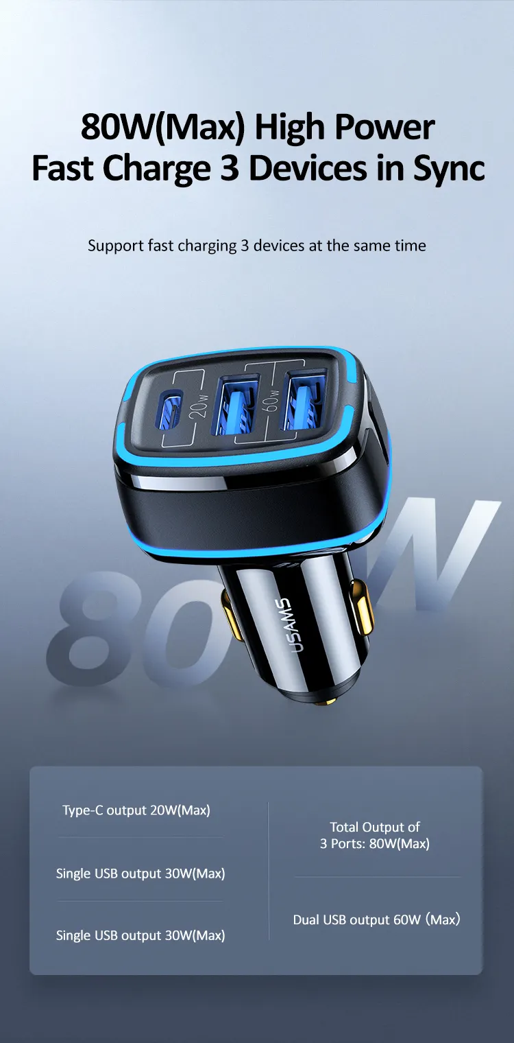 USAMS NEW 80W 3ports usb mini car charger for iphone