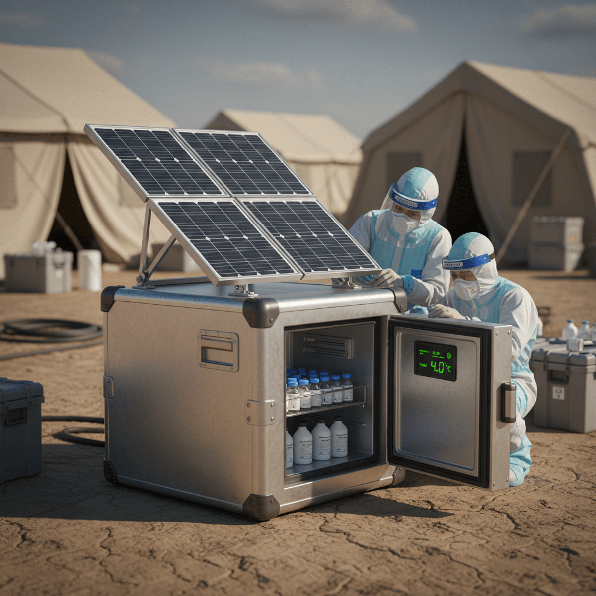 Healthcare workers load vaccine vials into a rugged solar refrigerator at a remote field clinic.