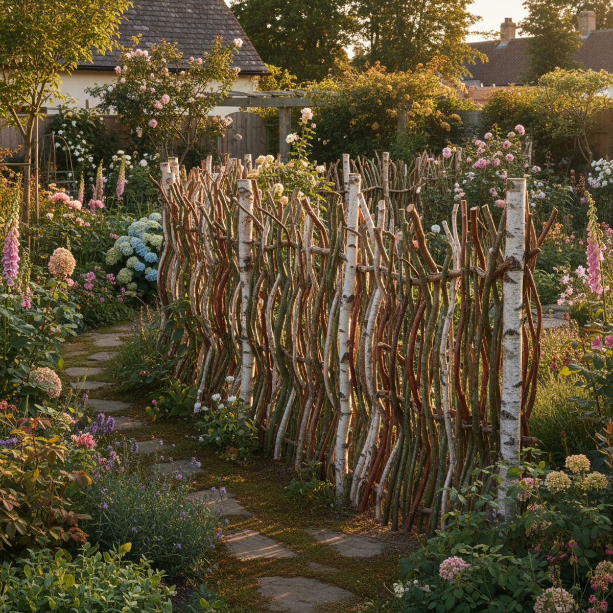 Handcrafted wattle garden fence made of birch and hazel saplings at golden hour.