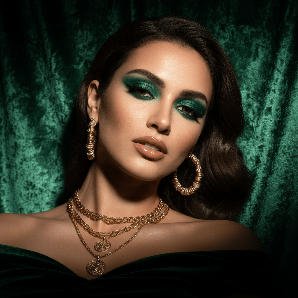Model with glamorous jade green siren eye makeup and gold accents against velvet.