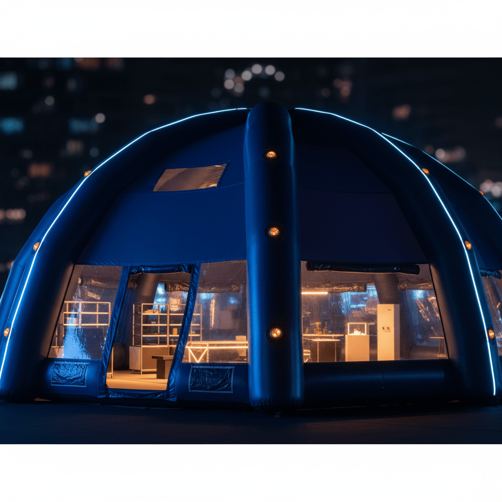Heavy duty inflatable air-frame tent at a night retail event with glowing LED lights.