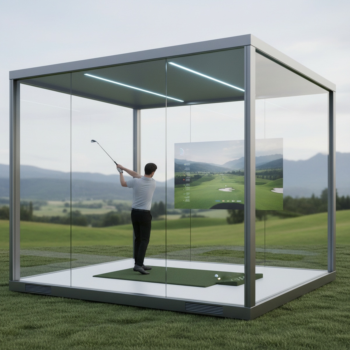 Golfer swings in a sleek, futuristic outdoor golf simulator with smart glass.
