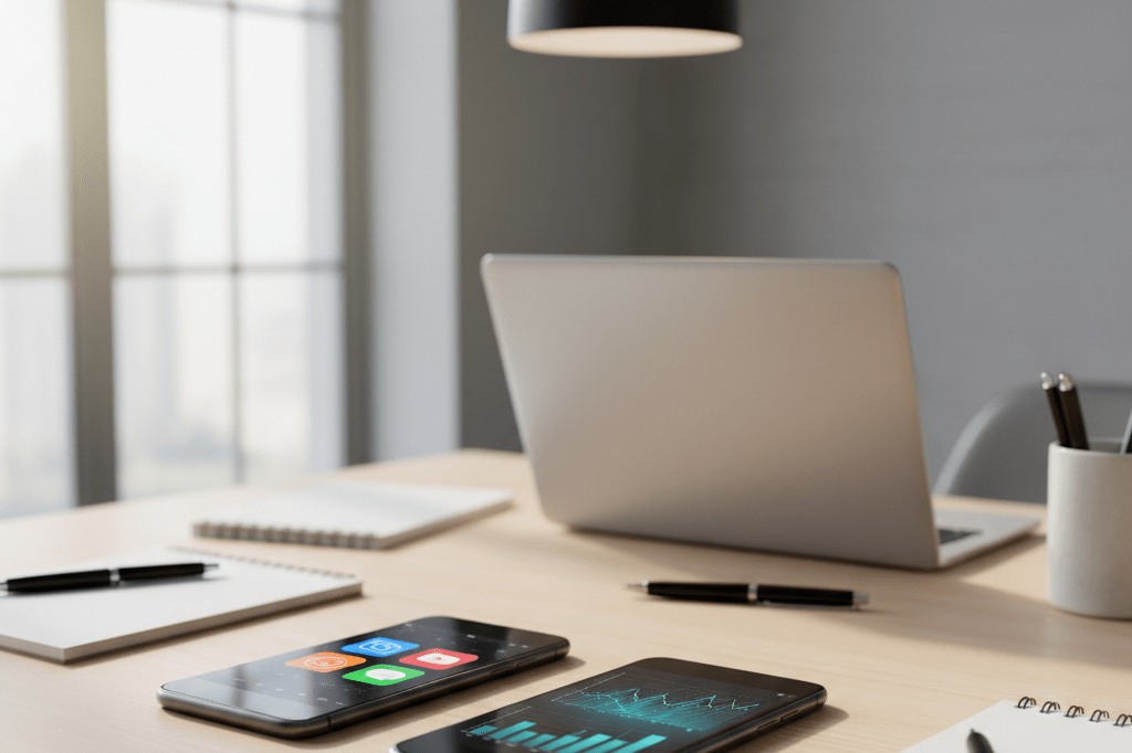 Modern office desk featuring smartphones, notebooks, and a laptop under warm ambient lighting, symbolizing digital brand management