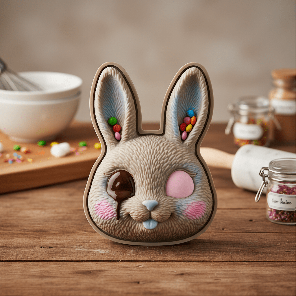 Close-up of a food-grade silicone mold shaped like a detailed bunny face.